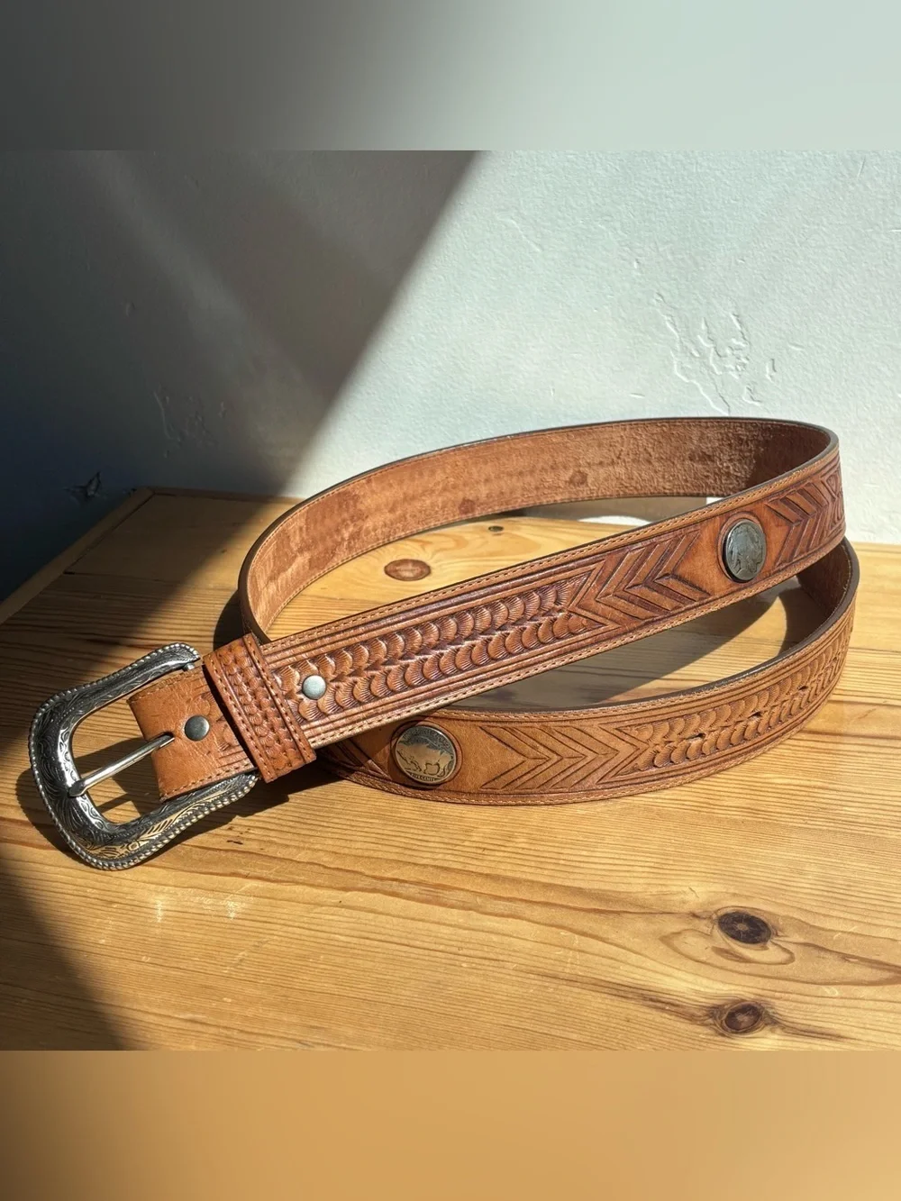 Vintage Leegin Leather Belt Mens Brown Tooled Buffalo Nickel Western Sz 40